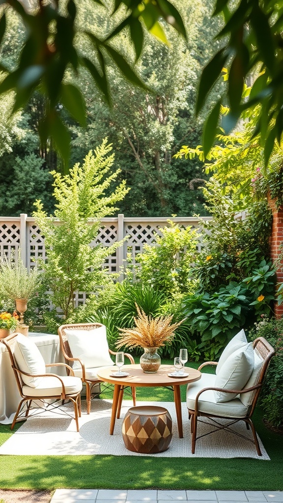 Outdoor garden setting with seating, plants, and decorative elements for a baby shower.