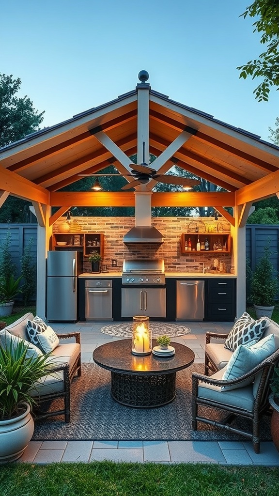 A cozy outdoor kitchen and bar in a gazebo with modern appliances and comfortable seating.
