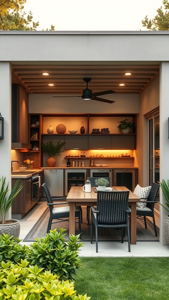 A modern outdoor kitchen extension featuring a dining area, sleek appliances, and warm lighting.