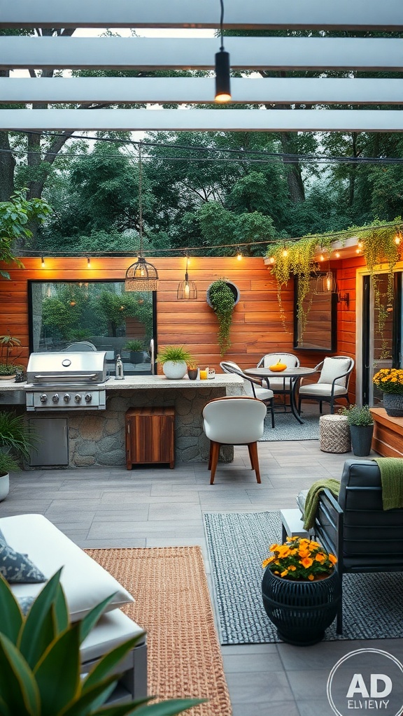 A stylish outdoor kitchen with a grill, seating area, and greenery.