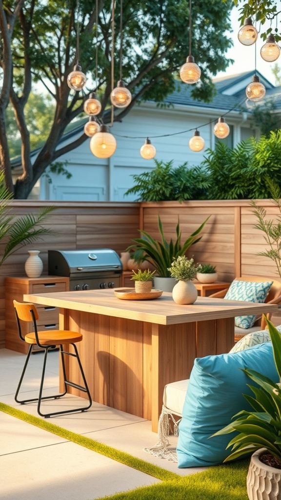 A stylish outdoor kitchen island with a wooden table, grill, and comfortable seating surrounded by greenery and soft lighting.