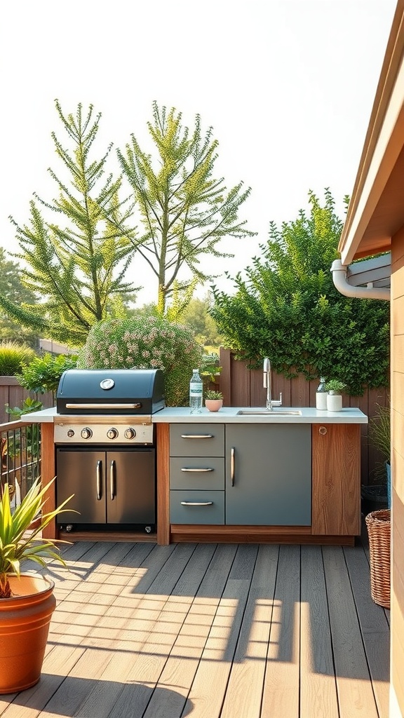 An outdoor kitchen setup featuring a grill and sink on a deck surrounded by greenery