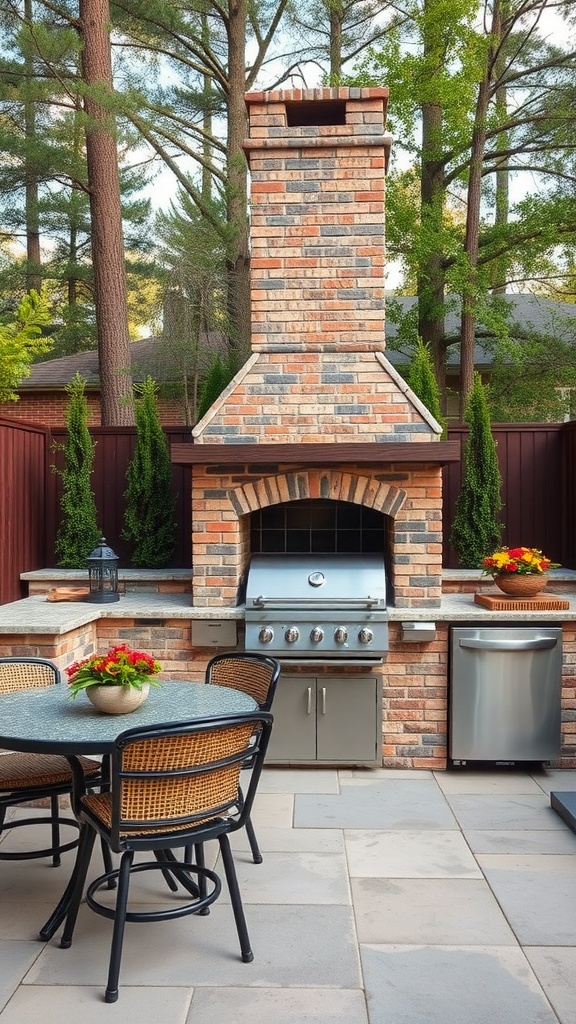 Outdoor kitchen featuring a brick chimney, grill, and dining area surrounded by trees.