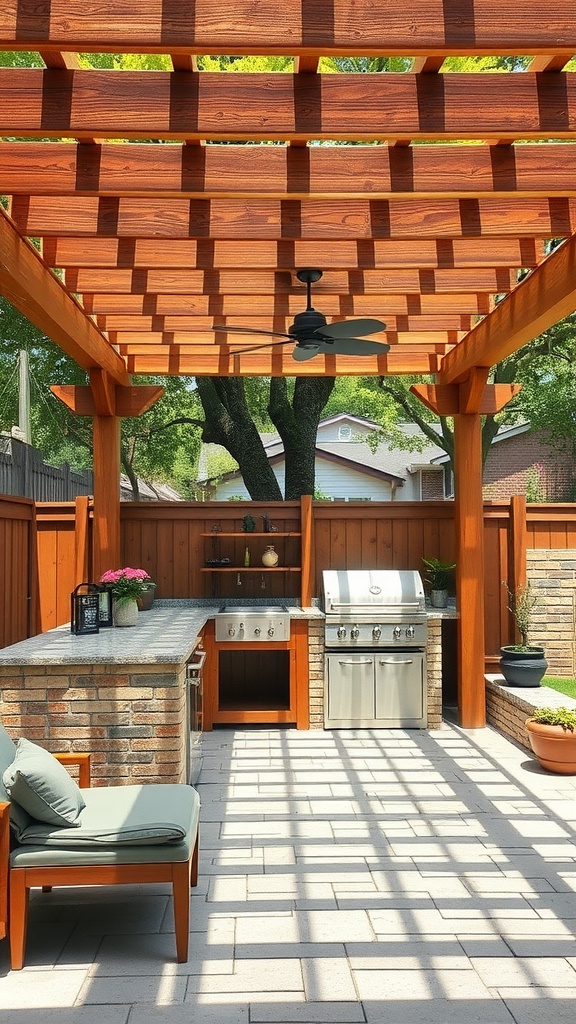 A modern outdoor kitchen with a wooden pergola, stone countertops, and a grill.