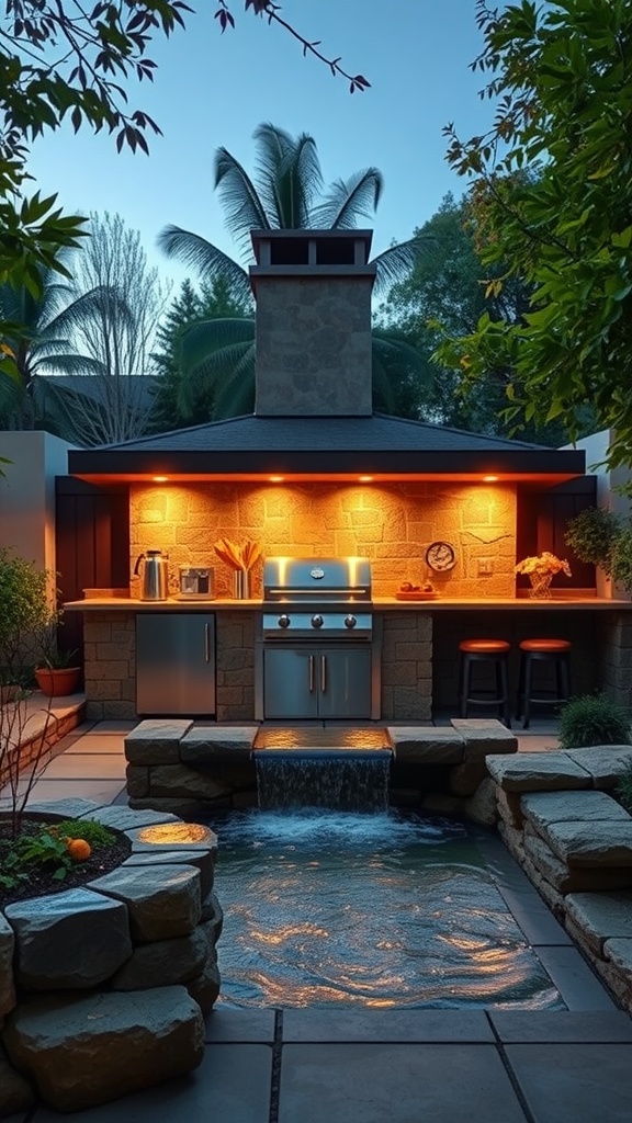 Outdoor kitchen featuring a waterfall feature with stone grill area and warm lighting