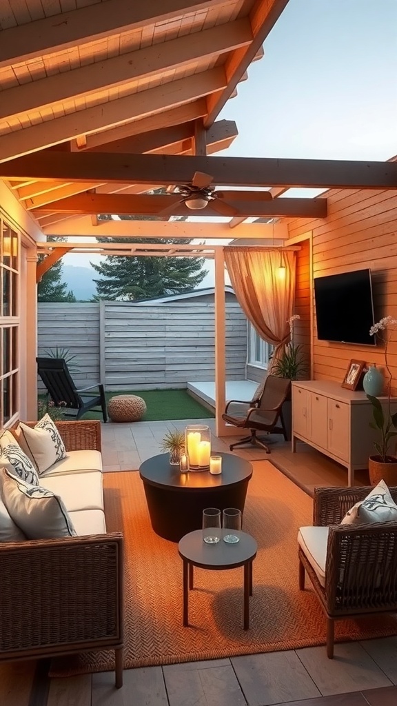 A cozy outdoor living room with a TV mounted on the wall, featuring comfortable seating, a coffee table, and warm lighting.