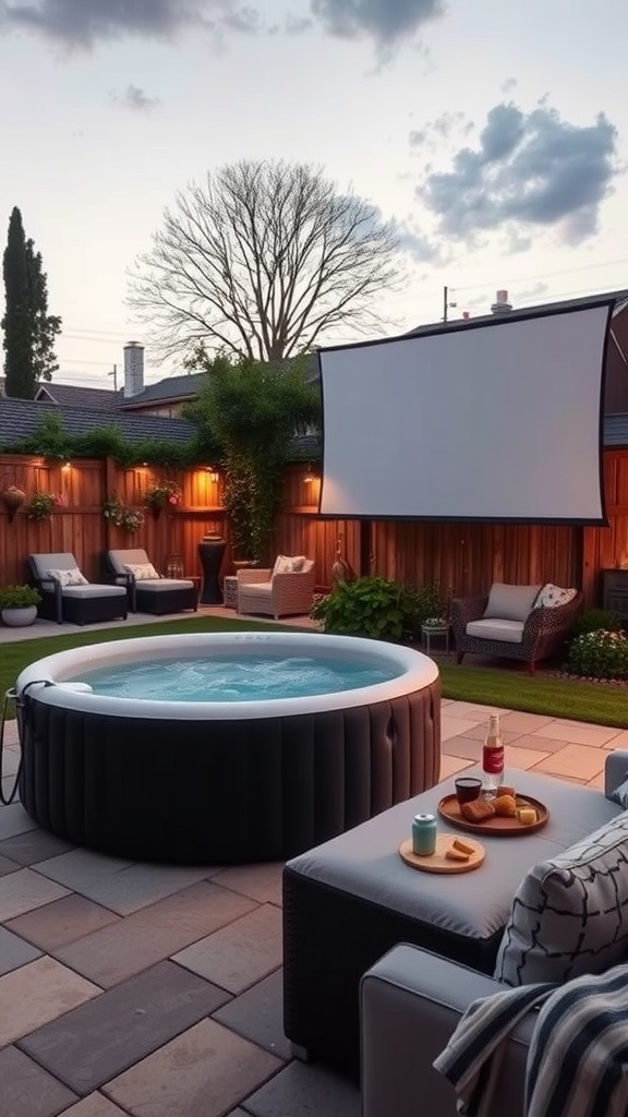 A cozy backyard scene with an inflatable hot tub, a movie screen, and comfortable seating, perfect for an outdoor movie night.