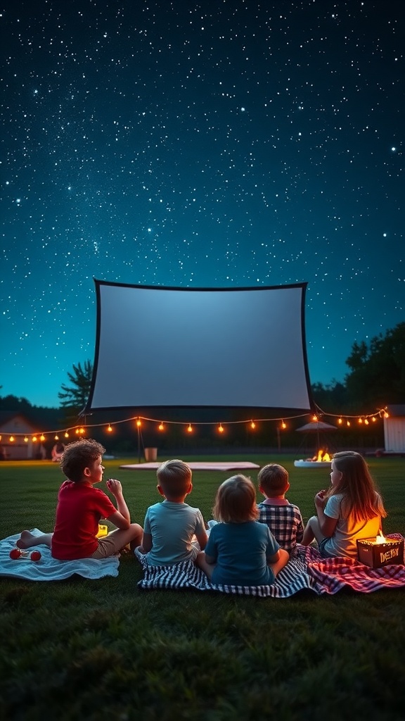 Children enjoying an outdoor movie night with a large screen under a starry sky
