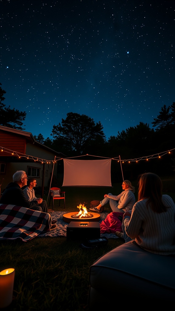 A cozy outdoor movie night with friends gathered around a fire pit under a starry sky.