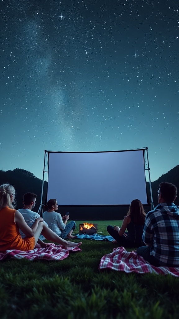 A group of friends enjoying an outdoor movie night, sitting on blankets in front of a screen under a starry sky.