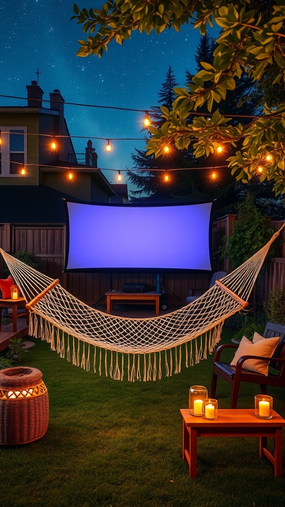 Backyard setup for an outdoor movie night featuring a hammock, a large screen, string lights, and cozy seating.