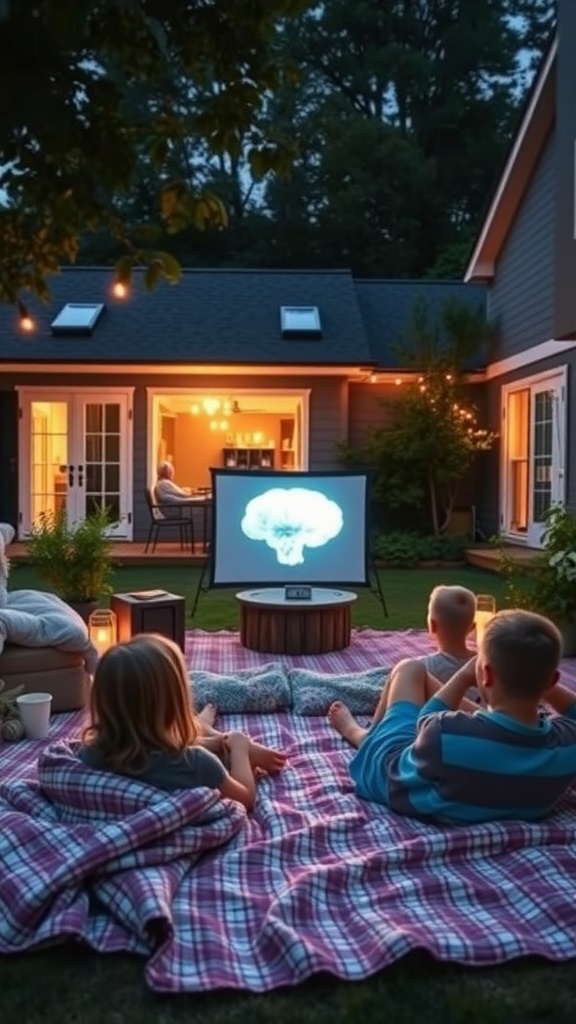 Families enjoying an outdoor movie night in a cozy backyard.