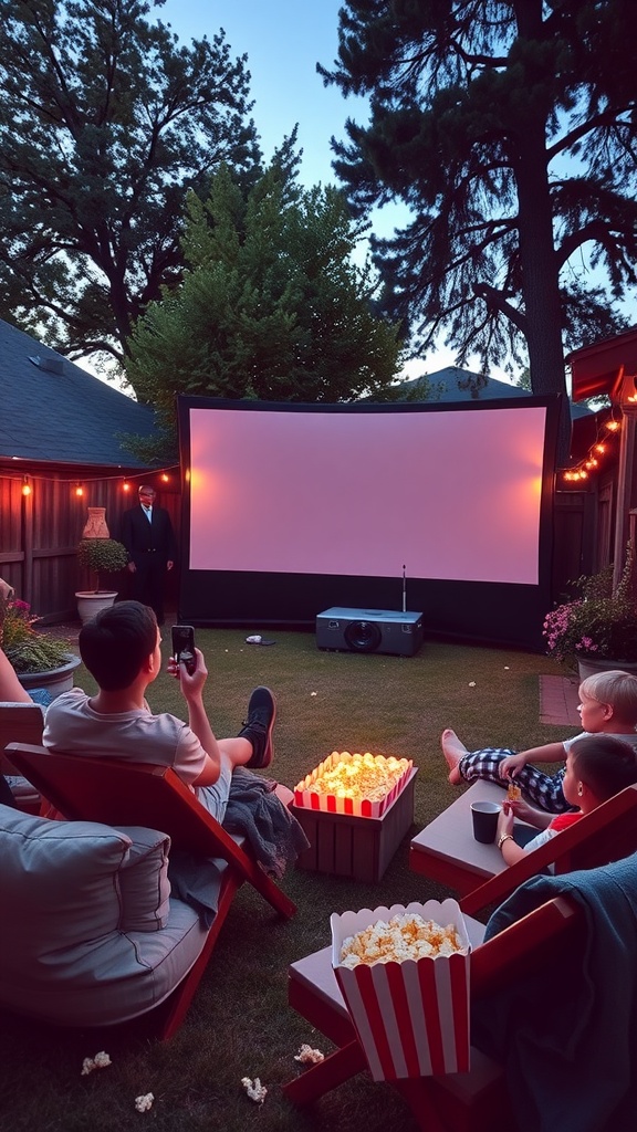 Backyard scene with a large movie screen, cozy seating, and popcorn for an outdoor movie night