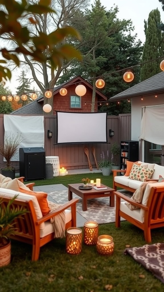 Backyard setup for an outdoor movie screening with cozy chairs, lanterns, and a large screen.