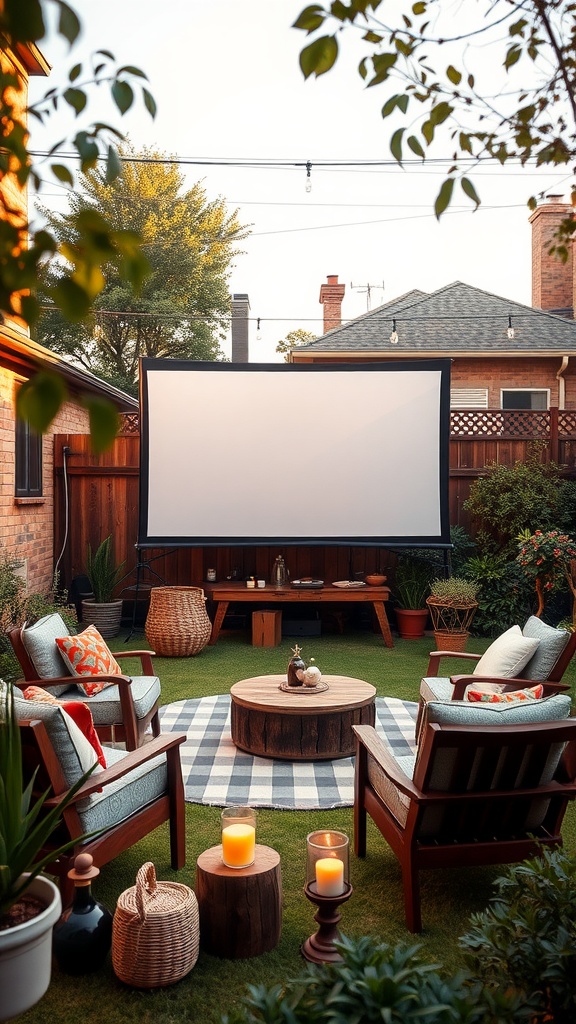 Cozy outdoor movie setup with screen, comfortable seating, and warm lighting
