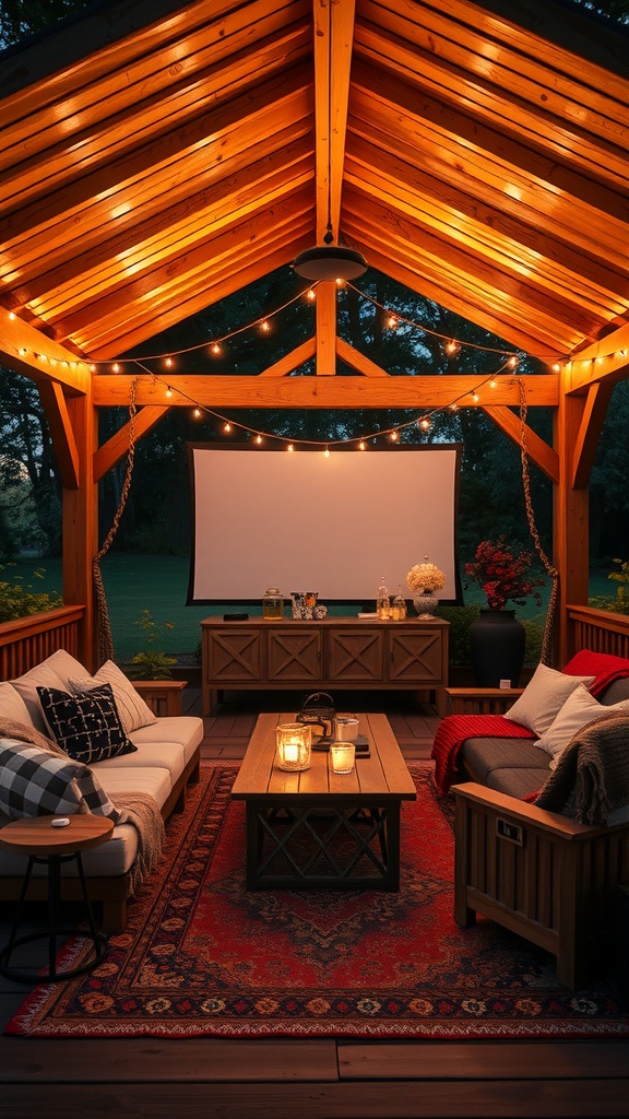 Cozy outdoor movie theater setup in a gazebo with string lights and comfortable seating.