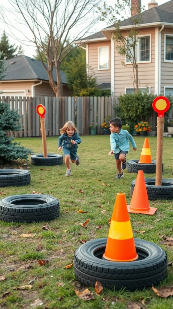 Children playing in a backyard obstacle course made of tires and cones.