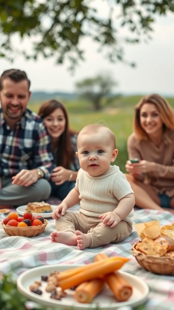 A baby sitting on a picnic blanket surrounded by family and food.