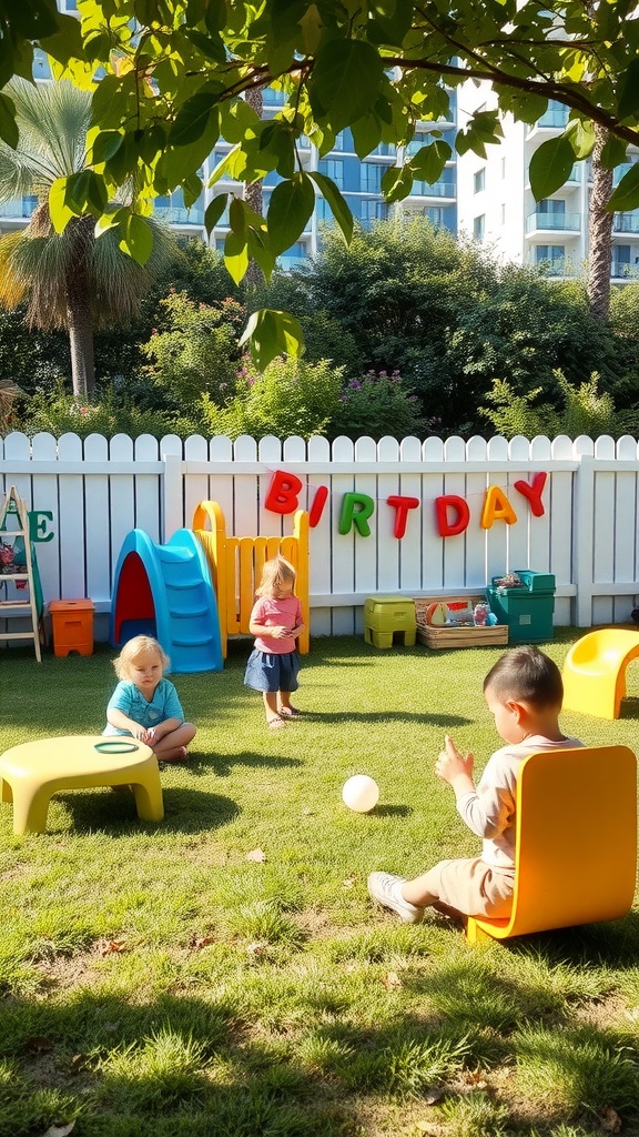 Children playing in a colorful outdoor play area with a birthday theme.