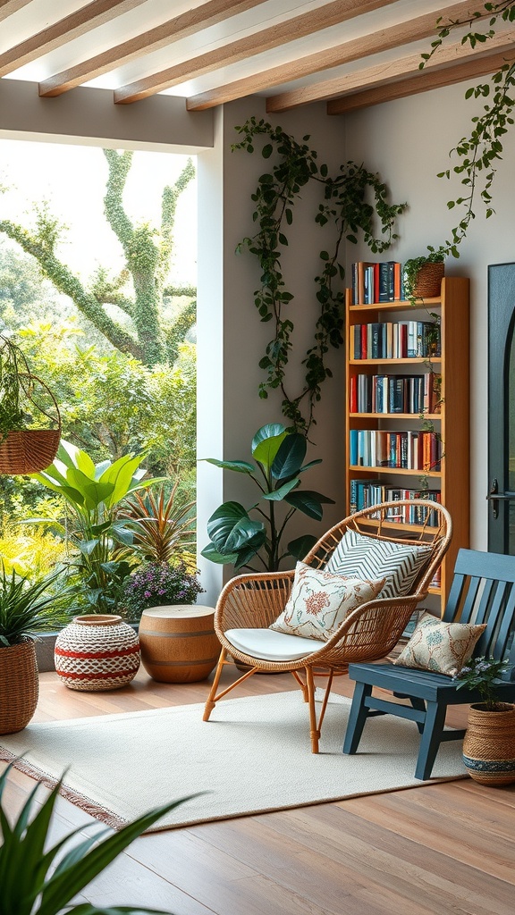 A cozy outdoor reading nook with plants, a comfortable chair, and a bookshelf.