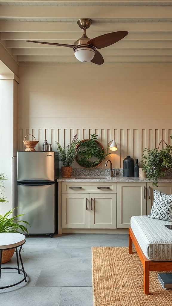 An outdoor kitchen featuring a compact refrigerator, countertop, and decorative plants.