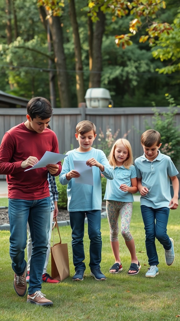 A group of children and a teenager participating in an outdoor scavenger hunt, reading lists in a backyard