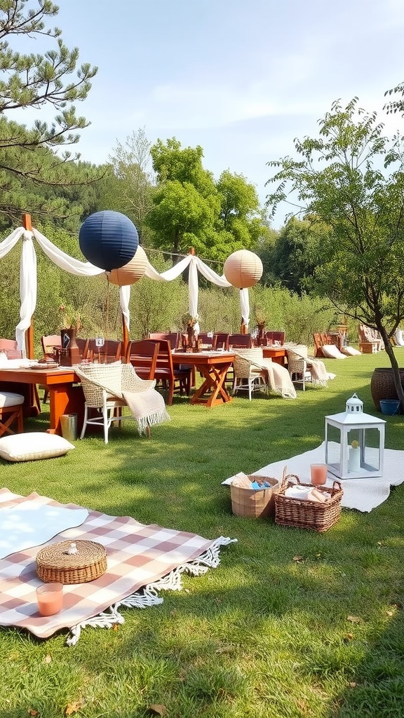 A well-decorated outdoor space for a neutral boy baby shower, featuring wooden tables, colorful lanterns, and picnic setups.