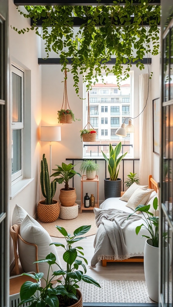 Cozy indoor space with plants, a bed, and soft lighting