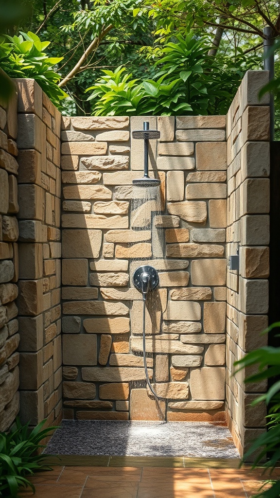 An outdoor stone shower with natural stone walls, set in a green environment
