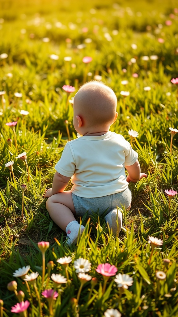 A baby sitting on grass surrounded by flowers, enjoying outdoor sunshine play.