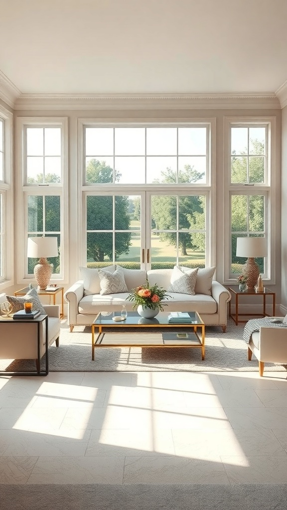 A bright living room with large windows showcasing outdoor views and natural light.