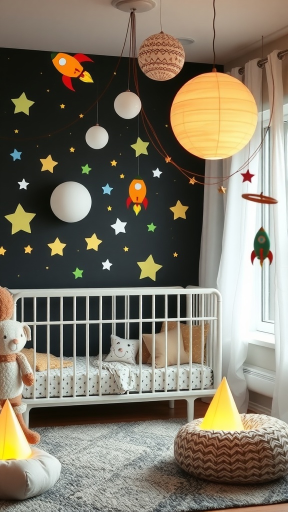 A baby boy nursery designed with an outer space theme, featuring rockets, stars, and cozy lighting.