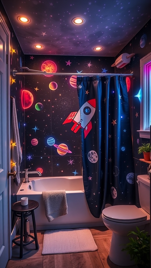 A colorful kids' bathroom with outer space theme featuring planets, stars, and a rocket shower curtain.