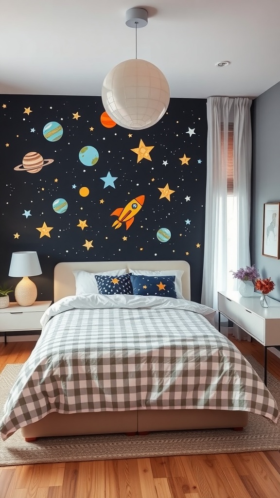 A preschooler's bedroom with an outer space theme featuring a mural of planets and stars, a cozy bed with checkered bedding, and soft lighting.