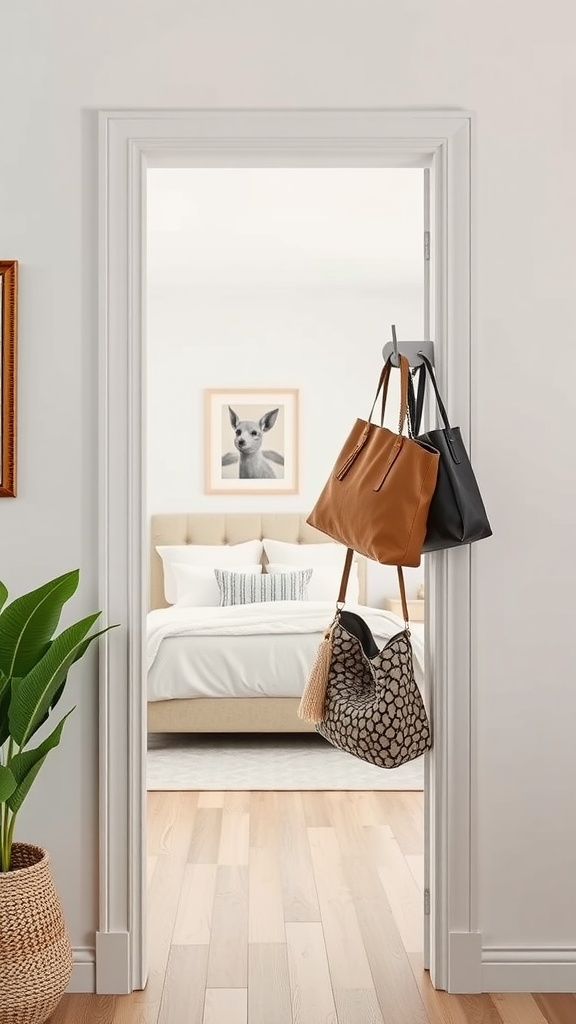 A bedroom doorway with over-the-door hooks displaying three bags, showcasing an organized space.