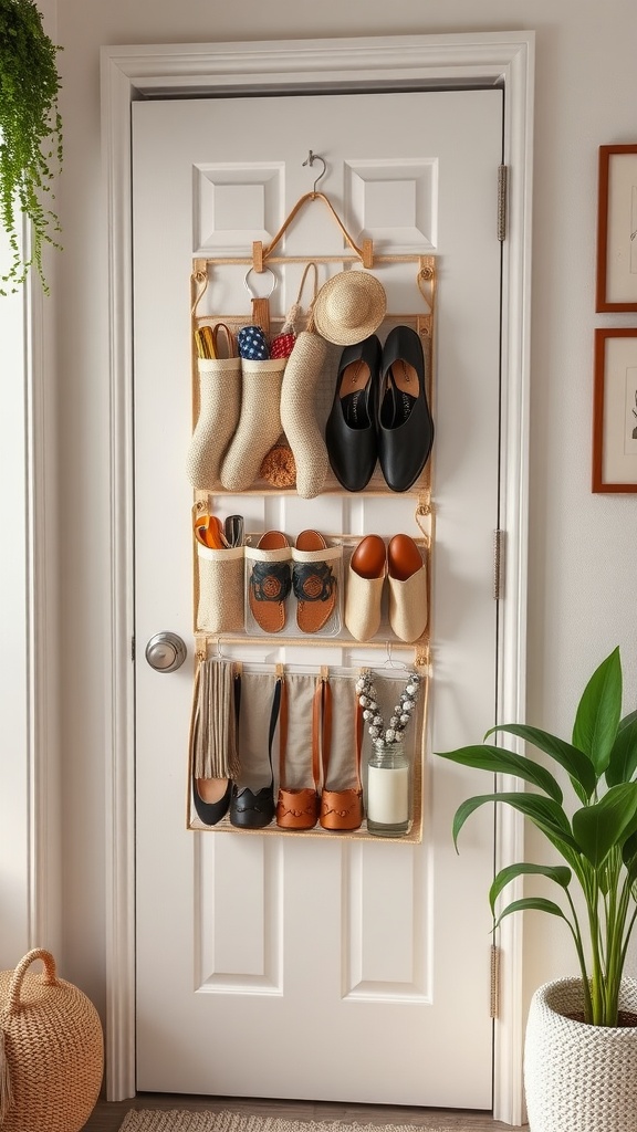 An over-the-door organizer with compartments holding shoes, accessories, and hats.
