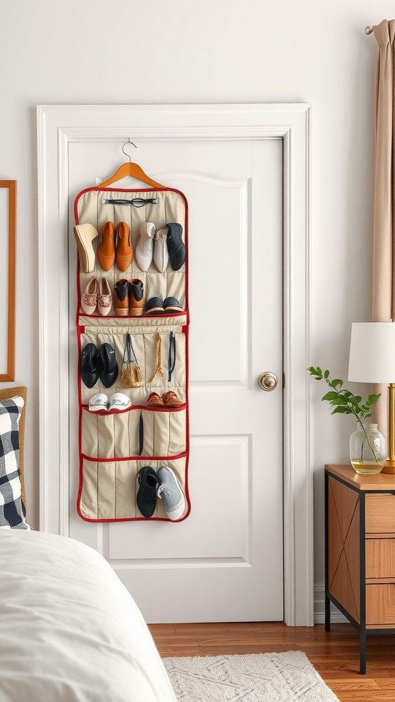 A shoe organizer hanging on a door, displaying various pairs of shoes.