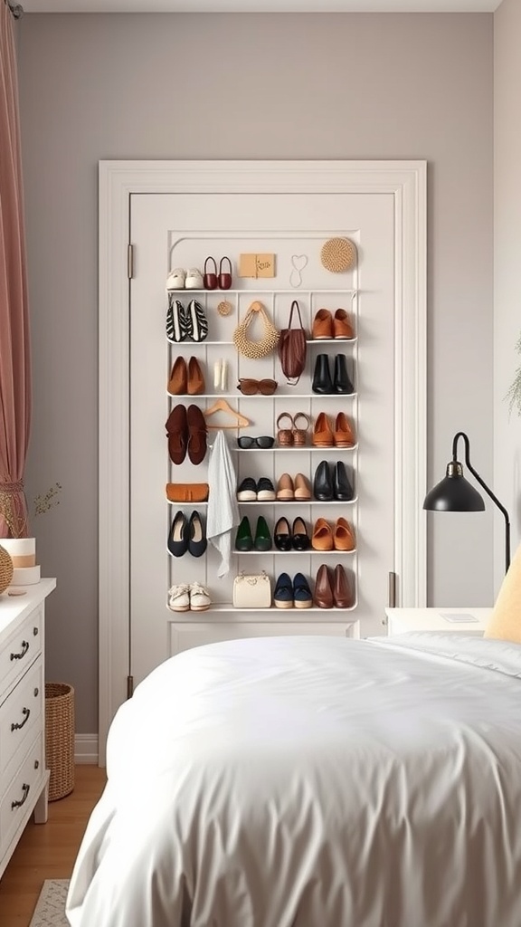An over-the-door shoe organizer filled with various pairs of shoes, hanging on a door in a cozy bedroom.