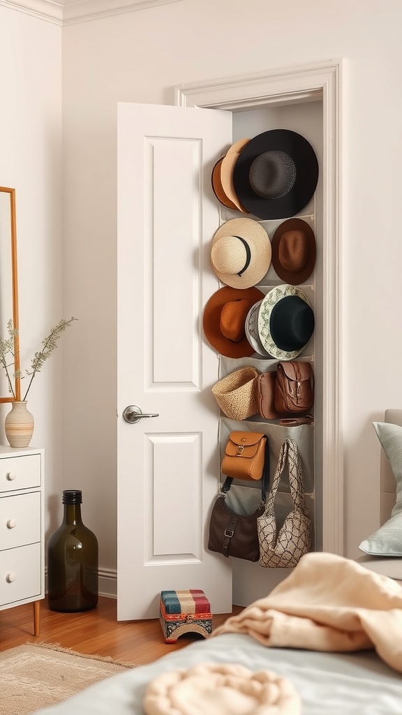 A door with various hats and bags organized on an over-the-door organizer, showcasing efficient use of space.