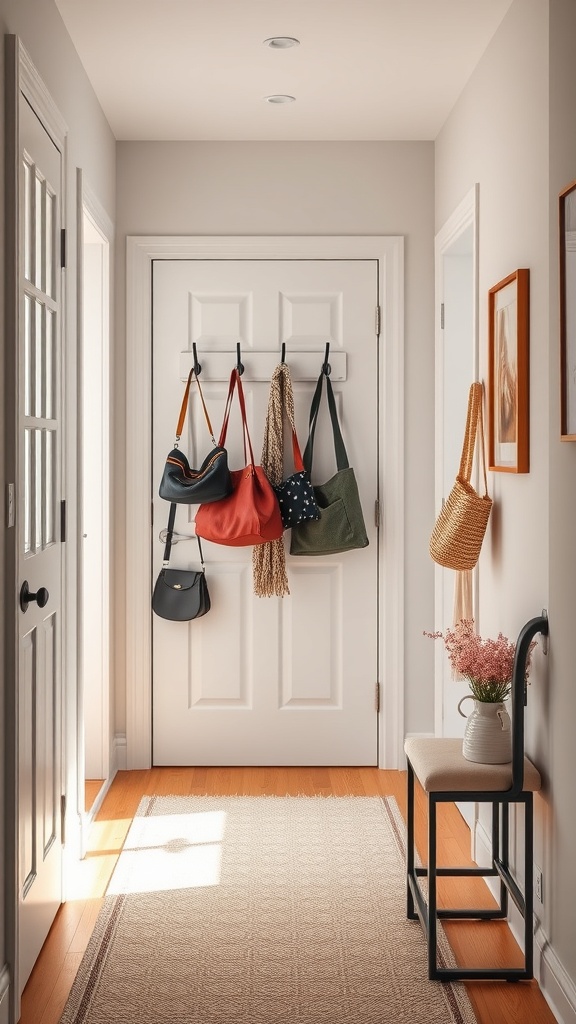 A hallway with a door featuring hooks holding various bags, complemented by a small bench and a decorative plant.