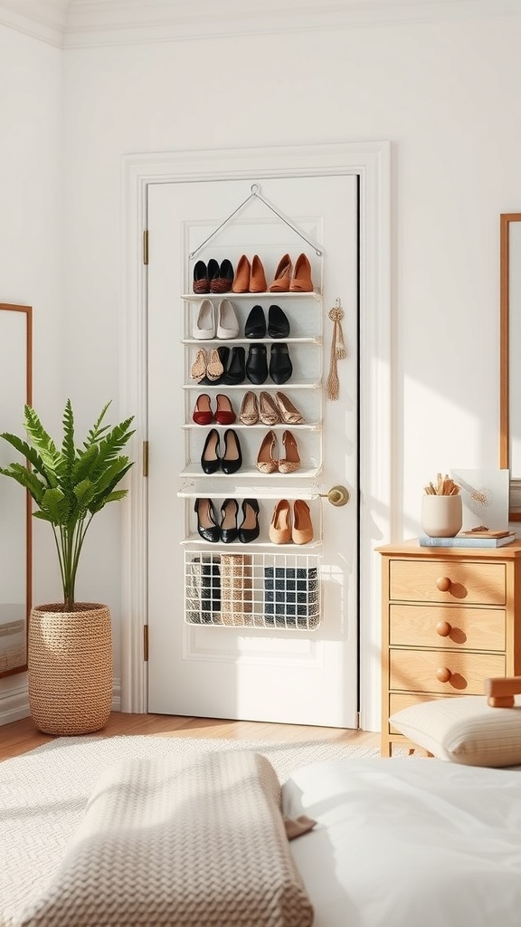 A door with an over-the-door shoe organizer displaying various pairs of shoes and a wire basket for additional storage.
