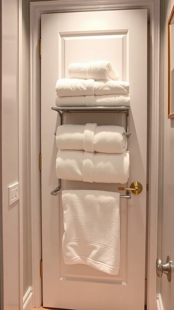 Over-the-door towel rack with neatly rolled white towels on a bathroom door.