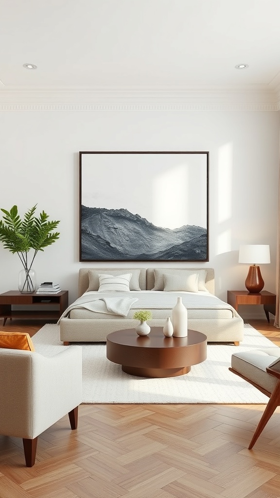 A living room featuring oversized monochrome mountain artwork on the wall, with a cozy sofa and modern decor.