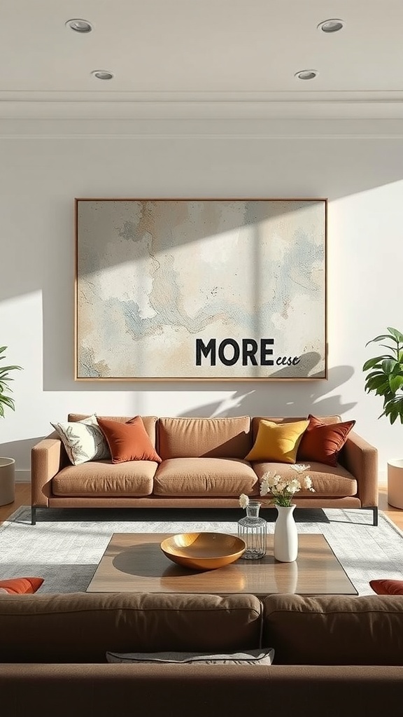 A large canvas artwork with soft colors and a message, hanging above a cozy sofa with colorful cushions in a bright living room.