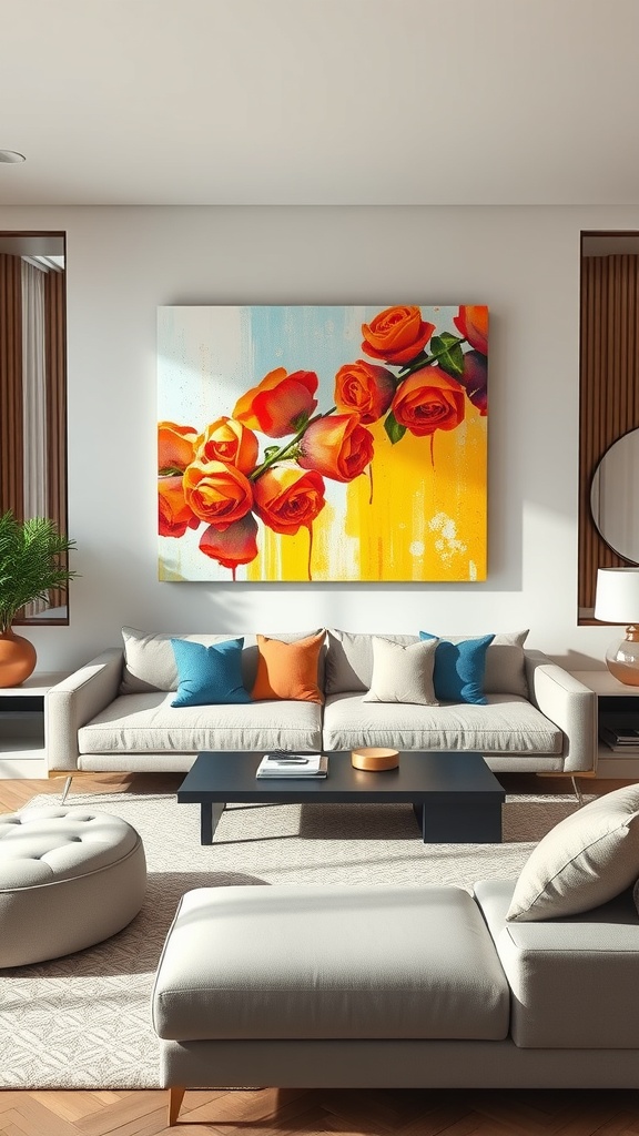A large canvas art piece featuring vibrant orange roses hanging above a modern sofa in a stylish living room.