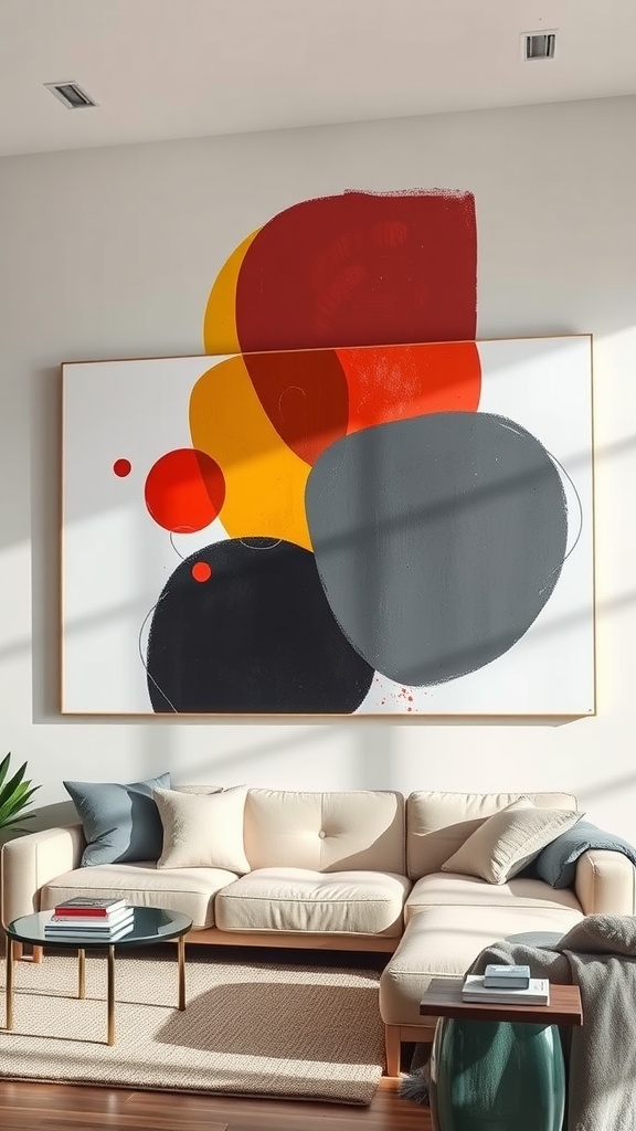 A large abstract canvas artwork with red, yellow, and gray shapes on a wall above a beige sofa.