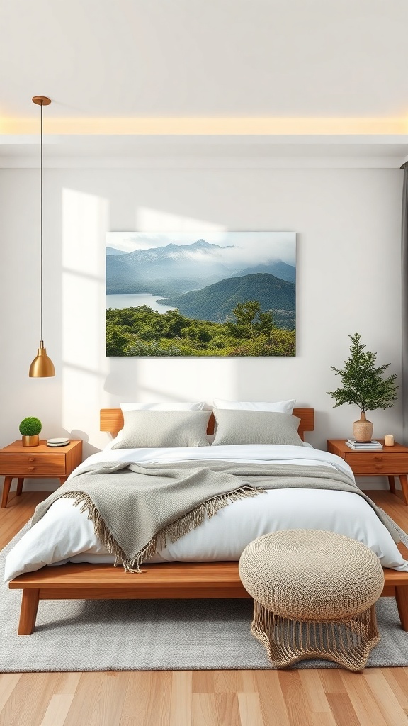 A bedroom featuring an oversized canvas print of a serene landscape with mountains and greenery.