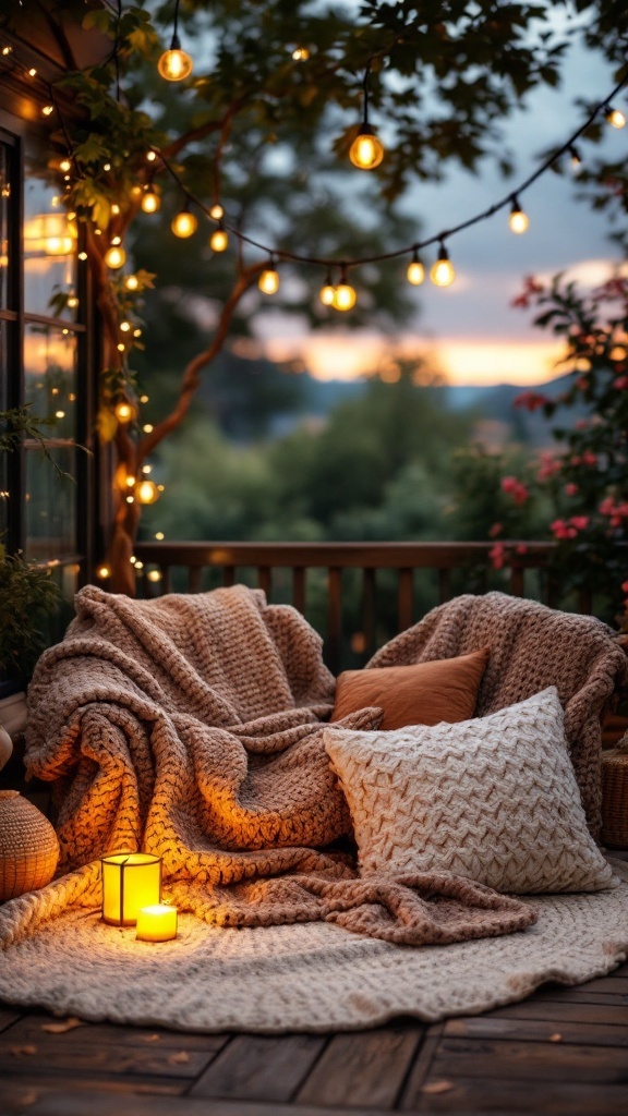 Cozy outdoor setting with string lights, a crochet blanket, and plush cushions, perfect for summer nights.