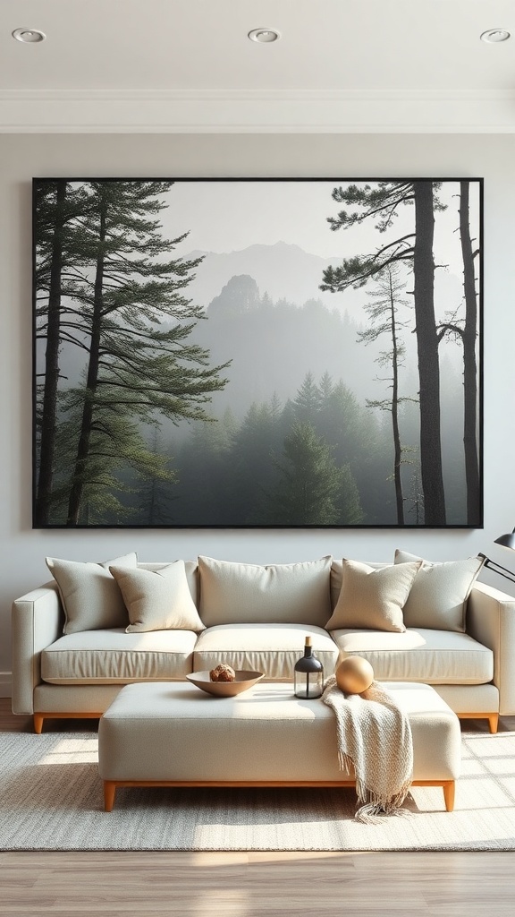 A cozy living room with oversized nature print on the wall, featuring trees and mountains.