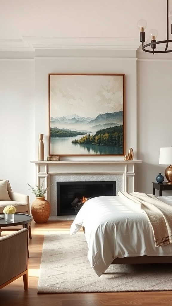 A cozy living room featuring oversized landscape art above a fireplace.